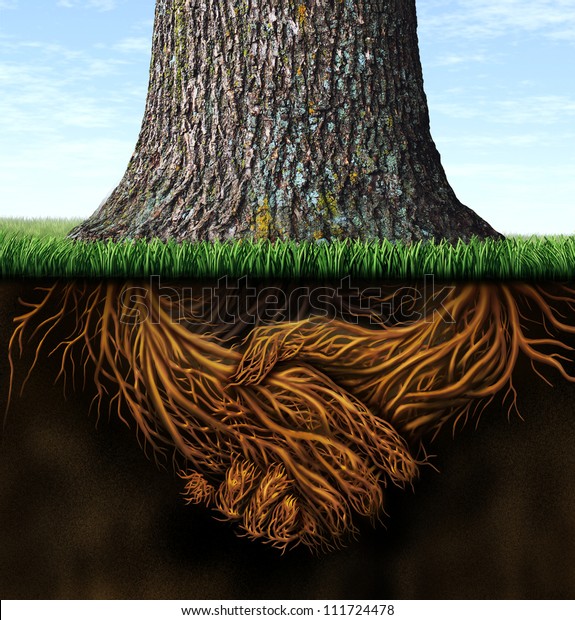 強く深いビジネスの根は木の幹であり 根は手振りの形をして 融資と関係における統一性の信頼と誠実さの象徴として扱われる のイラスト素材