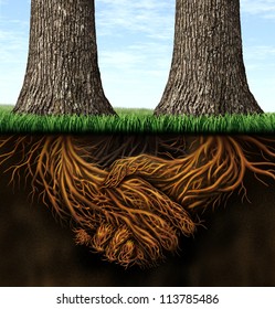 Strong Foundation As A Business Concept Of Stability And Loyalty With Two Trees With Roots Under Ground In The Shape Of Hands Shaking As A Symbol Of Agreement And Merging Forces Together For Success.