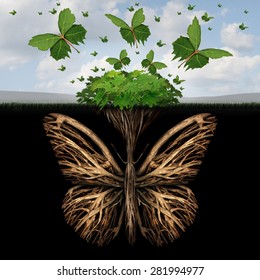 Strong foundation concept as the roots of a plant shaped as a butterfly and the leaves of a bush in the shape of flying butterflies as a creative base symbol and the power of freedom and imagination.
