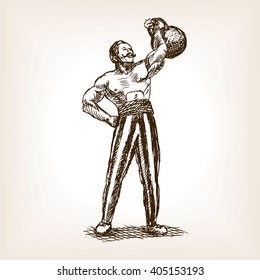 Strong man with kettlebell sketch style raster illustration. Old hand drawn engraving imitation. Muscle man and kettlebell on circus
