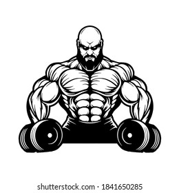 strong muscular bearded bodybuilder with heavy dumbbells, logo, cartoon, mascot, character