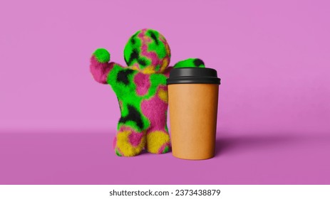 Strong powerful rainbow Yeti coffee cup 3D rendering purple. Coffee shop discount creative sale colorful banner. Hot drinks take away Social media content. Contemporary advertising trendy promo design - Powered by Shutterstock