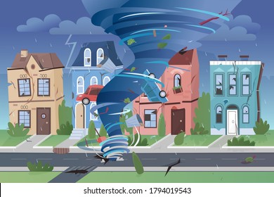 Strong powerful tornado hurricane destroying small town buildings. Natural disaster swirling whirlwind damaging city and cars illustration