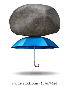 Strong Protection Business Concept As A Strong Blue Umbrella Supporting And Shielding A Giant Rock Or Boulder From Falling As An Integrity Symbol Of Security Trust And Strength On A White Background.