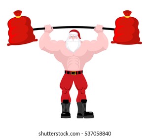 Strong Santa Claus lift barbell of red bag gifts. Powerful old man with big muscles. Fitness Christmas. Sport New Year. Bodybuilder grandfather