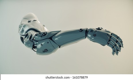 Strong stylish futuristic robot arm prosthesis / Plastic brawny cyber arm