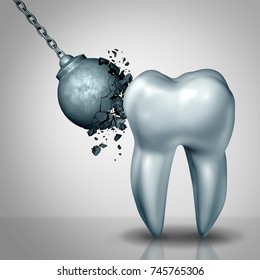 Strong tooth enamel and teeth strength dental or dentistry  symbol as a wrecking ball being demolished by a solid white molar as a medicine concept as a 3D render.