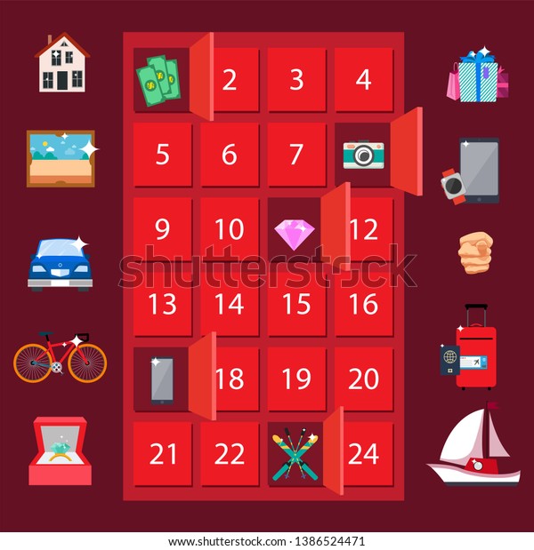 Strongbox and presents lottery awards icons of house\
picture car bicycle sailboat money raster illustration isolated on\
red
