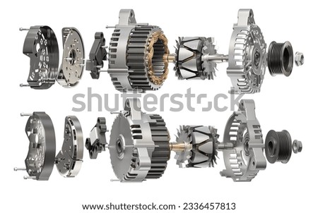 Structire and scheme of car alternator, generator isolated on white. Structire and scheme. 3d illustration