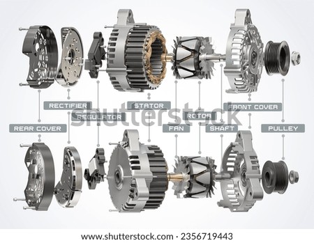Structire and scheme of car alternator, generator isolated on white. Structire and scheme. 3d illustration