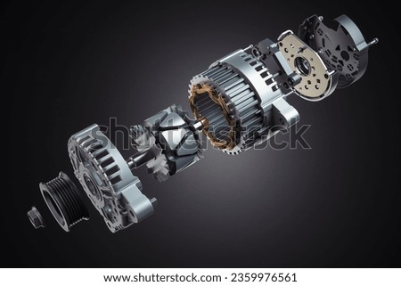 Structire and scheme of car alternator, generator on black. Structire and scheme. 3d illustration