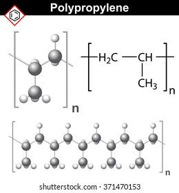 Structural chemical formula and model of polypropylene molecule, 3d and 2d raster, isolated on white background