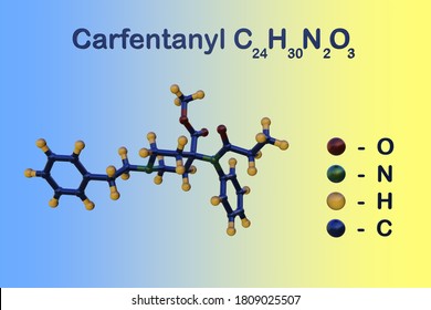 Structural Chemical Formula And Molecular Model Of Carfentanyl Or Carfentanil, One Of The Most Potent Opioids, A Structural Analogue Of The Popular Synthetic Opioid Analgesic Fentanyl. 3d Illustration