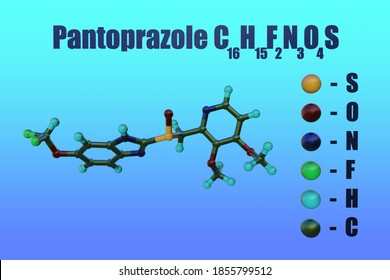 Structural Chemical Formula And Molecular Model Of Pantoprazole, A Medication Used Treat Certain Stomach And Esophagus Problems, Such As Acid Reflux. Scientific Background. 3d Illustration