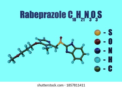 Structural Chemical Formula And Molecular Model Of Rabeprazole, A Medication Used To Treat Certain Stomach And Esophagus Problem Such As Acid Reflux, Ulcers. Scientific Background. 3d Illustration