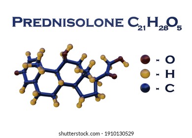 Structural Chemical Formula And Molecular Model Of Prednisolone, A Steroid Medication Used To Treat A Wide Range Of Health Problems Including Allergies, Blood Disorders And Infections. 3d Illustration