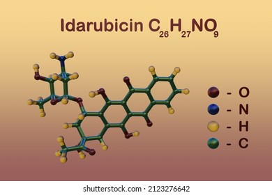 Structural Chemical Formula And Molecular Model Of Idarubicin, An Analog Of Daunorubicin, An Anthracycline Antileukemic Drug. Scientific Background. 3d Illustration