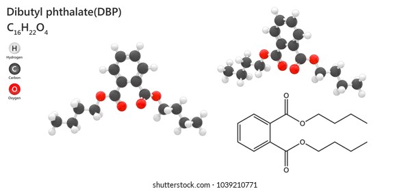 Structural Chemical Formula And Molecular Structure Of Dibutyl Phthalate(DBP). 3D Illustration On White Background. The Molecule Is Shown From 2 Sides.