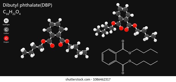 Structural Chemical Formula And Molecular Structure Of Dibutyl Phthalate(DBP). 3D Illustration On Dark Background. The Molecule Is Shown From 2 Sides.