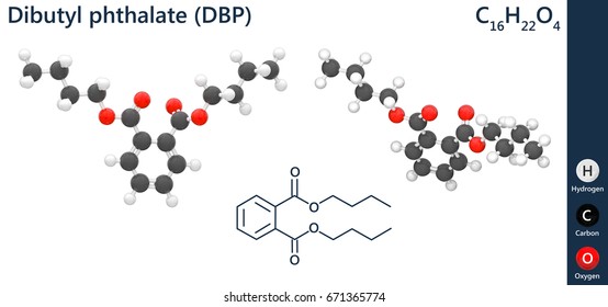 Structural Chemical Formula And Molecular Structure Of  Dibutyl Phthalate(DBP). 3D Illustration. Isolated On White Background. The Molecule Is Shown From 2 Sides.