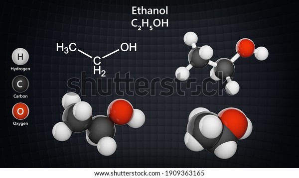 エタノール 飲用アルコール の構造化学式と分子構造 数式 C2h6oまたはc2h5oh 化学構造モデル ボールとスティック ボール スペースフィリング 3dイラスト のイラスト素材 1909363165