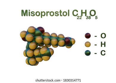 Structural Chemical Formula And Space-filling Molecular Model Of Misoprostol, A Medication Used To Prevent And Treat Stomach Ulcers, Start Labor And Cause An Abortion. 3d Illustration