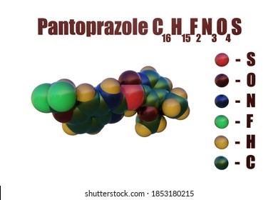 Structural Chemical Formula And Space-filling Molecular Model Of Pantoprazole, A Medication Used Treat Certain Stomach And Esophagus Problems (such As Acid Reflux). 3d Illustration