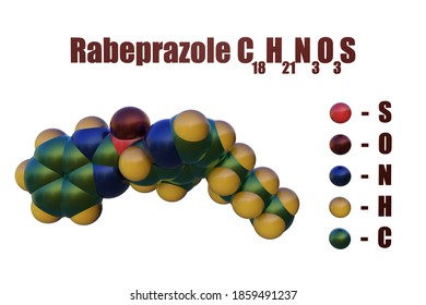 Structural Chemical Formula And Space-filling Molecular Model Of Rabeprazole, A Medication Used To Treat Certain Stomach And Esophagus Problem Such As Acid Reflux And Ulcers. 3d Illustration