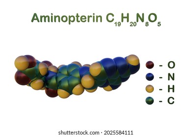 Structural Chemical Formula And Space-filling Molecular Model Of Aminopterin, A Synthetic Derivate Of Pterin And The Analog Of The Coenzyme Folic Acid. Scientific Background. 3d Illustration