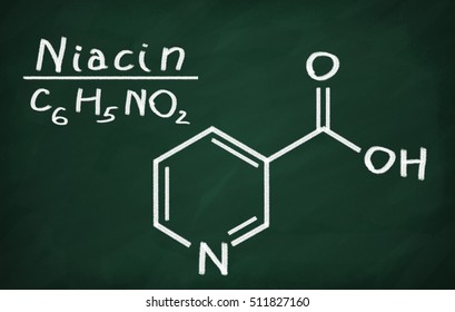 Structural model of Vitamin B3 (Niacine) on the blackboard.
