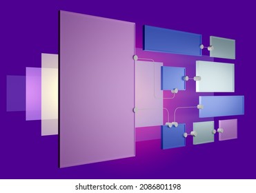Structural scheme on purple background. Structural scheme in technological style. Place for your text. Advertising space. Geometric technology background. Rectangles connected by lines. 3d rendering.