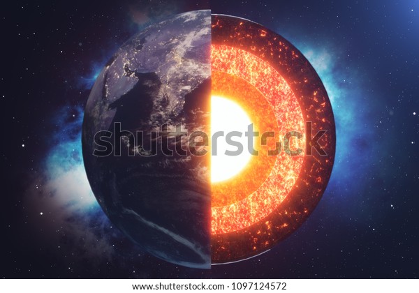 Structure core Earth. Structure layers of\
the earth. The structure of the earth\'s crust. Earth cross section\
in space view. Elements of this image furnished by NASA. 3D\
rendering, 3D\
illustration