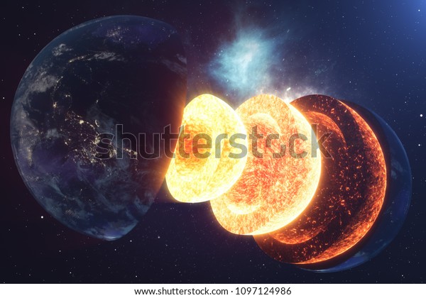 Structure core\
Earth. Structure layers of the earth. The structure of the earth\'s\
crust. Earth cross section in space view. Elements of this image\
furnished by NASA. 3D\
rendering