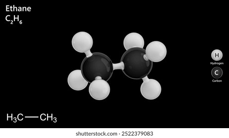 A structure of the Ethane molecule with chemical formula C2H6. Ethane is a colorless, odorless gas. Its chief use is as feedstock for ethylene production. Black background. 3d illustration