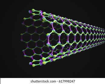 The structure of the graphene tube of nanotechnology. Several molecules connected, crystallized in the hexagonal system. 3d-Illustration. 
Dark background.