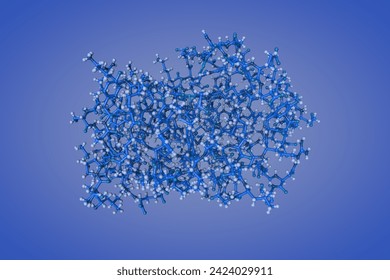 Structure of human sonic hedgehog in complex with zinc and magnesium on blue background. Molecular model based on protein data bank entry 6pjv. 3d illustration