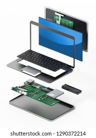 Structure Of Laptop Computer Showing Spare Parts. 3D Illustration.