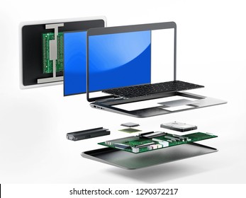 Structure Of Laptop Computer Showing Spare Parts. 3D Illustration.