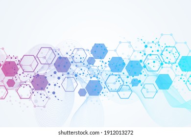 Structure Molecule And Communication. Dna, Atom, Neurons. Scientific Concept For Your Design. Connected Lines With Dots. Medical, Technology, Chemistry, Science Background.  Illustration.