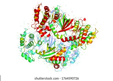 The structure of the protein molecule, tumor marker glioblastoma. X-ray crystalline model of the protein encoded by the MELK gene. 3D rendering.