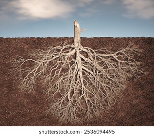 The structure of a tree's root system is prominently displayed, revealing its extensive network below the soil surface under a cloudy atmosphere. This is a 3d render illustration