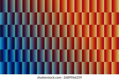 A structured abstract artwork composed of vertical gradient bars arranged in a grid, transitioning smoothly across the color spectrum from deep blue to bright red. Intermediate hues like green, yellow