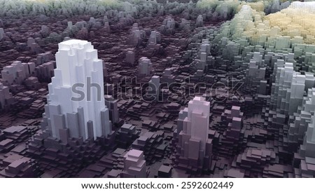 Structured block formations with varied color gradients, deep contrast, artistic rendering, smooth transitions, abstract urban shapes, soft lighting, precise cubic alignment, digital composition.