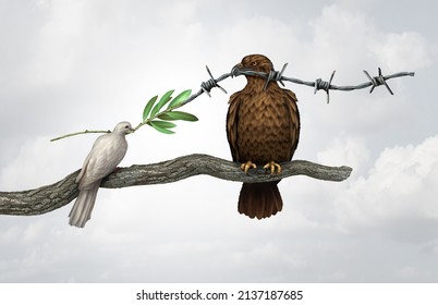 Struggle With A Peace Dove Holding An Olive Branch And A War Hawk Pulling Barbed Wire In A Fight For The Future Of Humanity And Human Rights Or Freedom With 3D Illustration Elements.