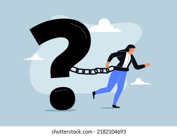 Struggle With Unanswered Question, Problem Or Difficulty, Hard Questions Or Unsolvable Quest Concept, Frustrated Businesswoman Chained With Huge Large Question Mark Burden. Problem Solving Or Advice.