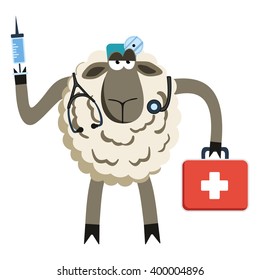 Stubborn Lamb Doctor. Sheep Professional Character. Illustration Of Stubborn Doctor Of Medicine.