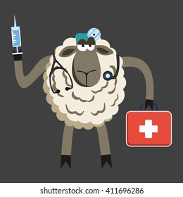 Stubborn Lamb Doctor. Sheep Professional Character. Illustration Of Stubborn Doctor Of Medicine.