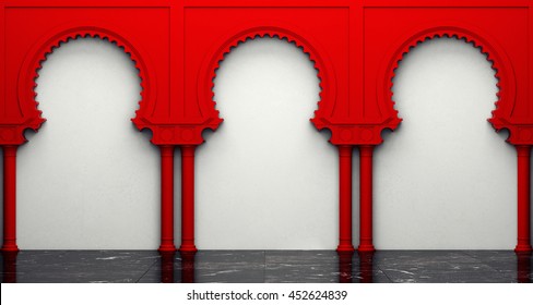 Stucco wall and marble floor with arches in Eastern style. 3D rendering