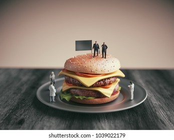 Student Athlete Is On A Hamburger. Researchers Are Examining The Hamburgers. 3d Render And Illustration.