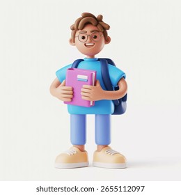 Student with Backpack: A cheerful 3D rendered cartoon student with glasses holds a book and wears a backpack. This happy studio shot on a white background shows a student ready to learn.